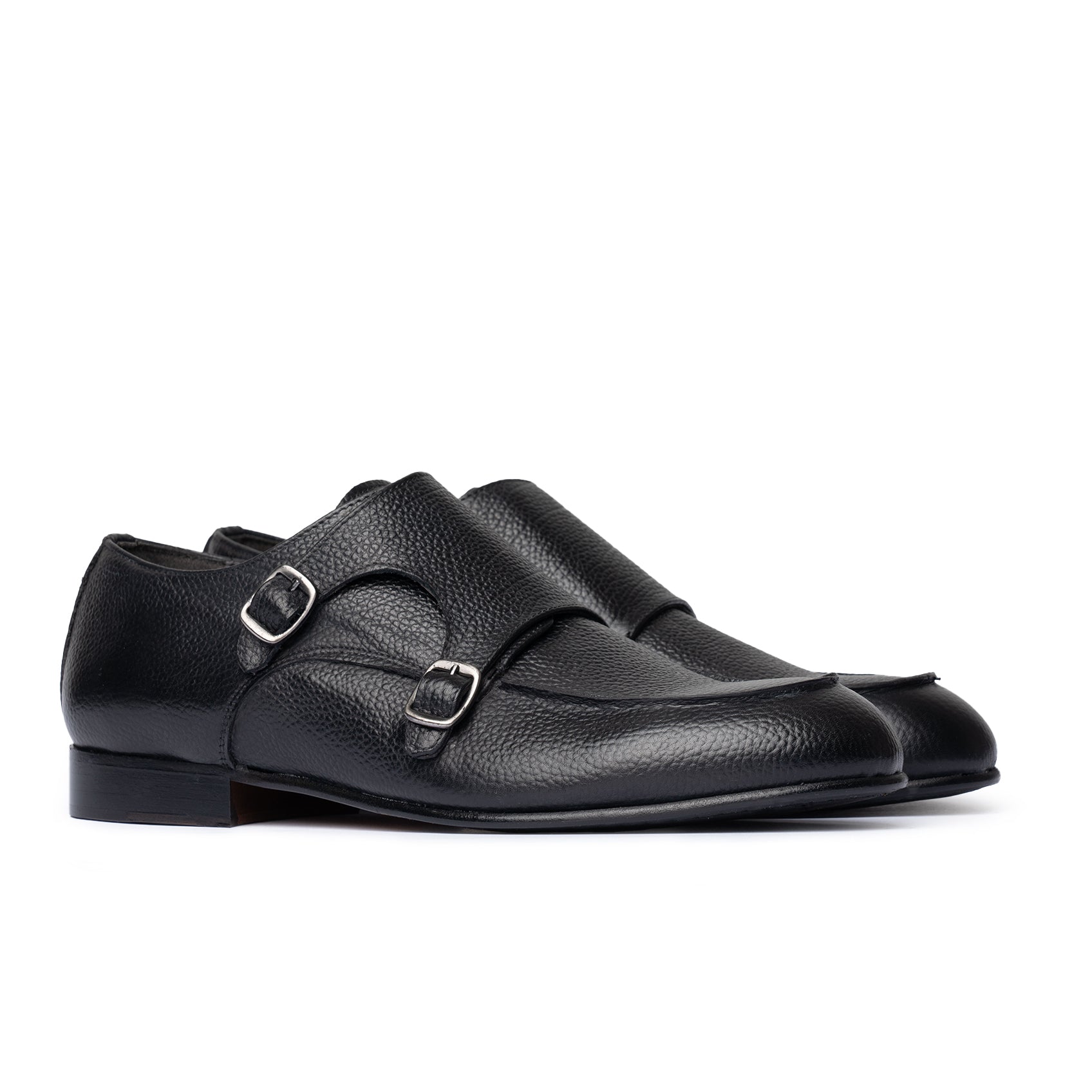 Double Monk Strap in Pelle Martellata - Nero