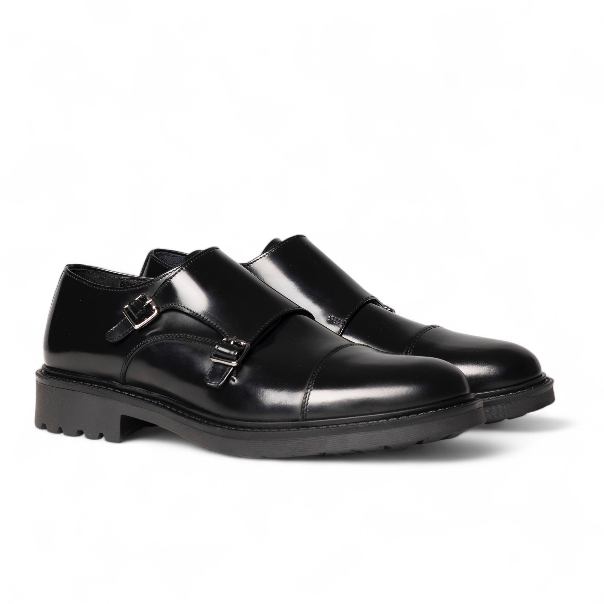 Double monk in pelle nera con puntale