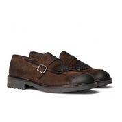 Monk in suede testa di moro con frangia e fibbia