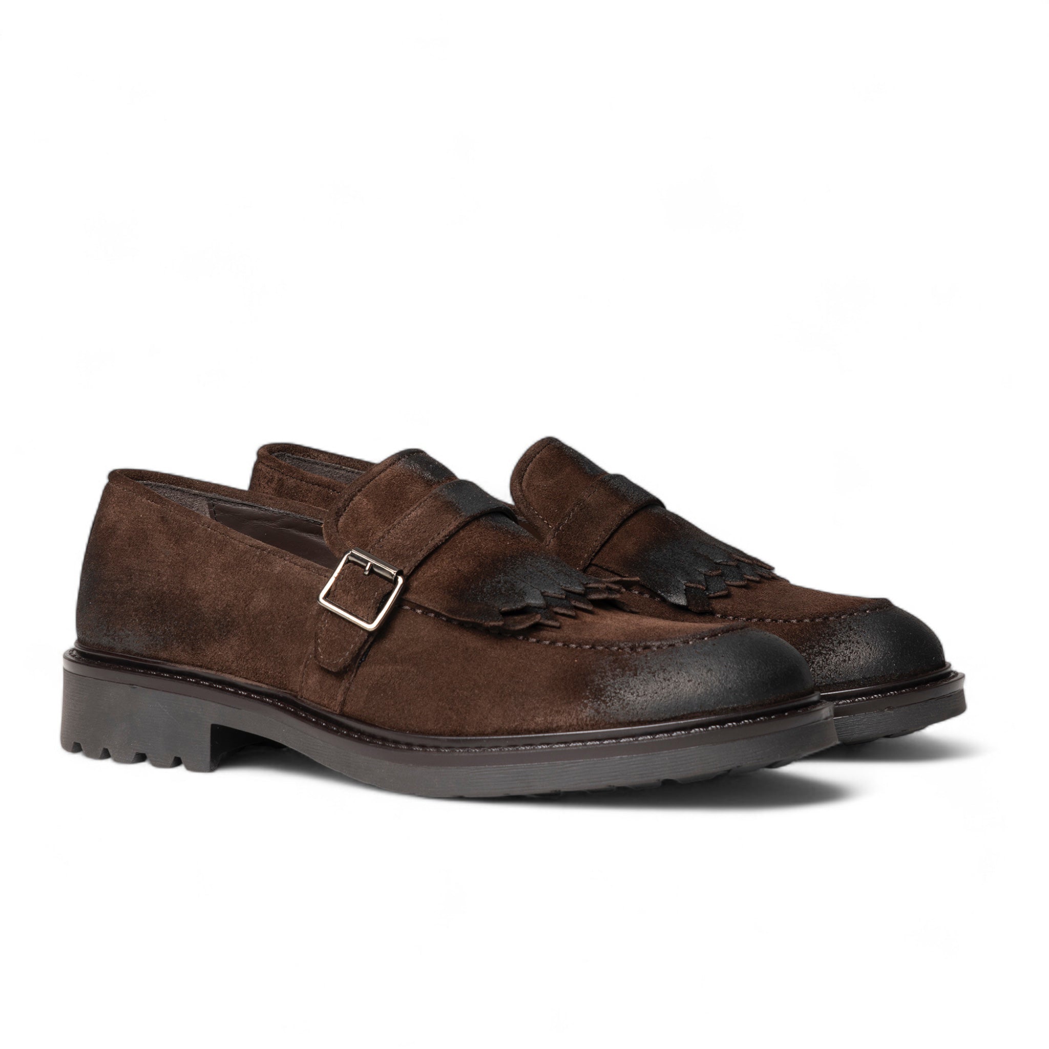 Monk in suede testa di moro con frangia e fibbia