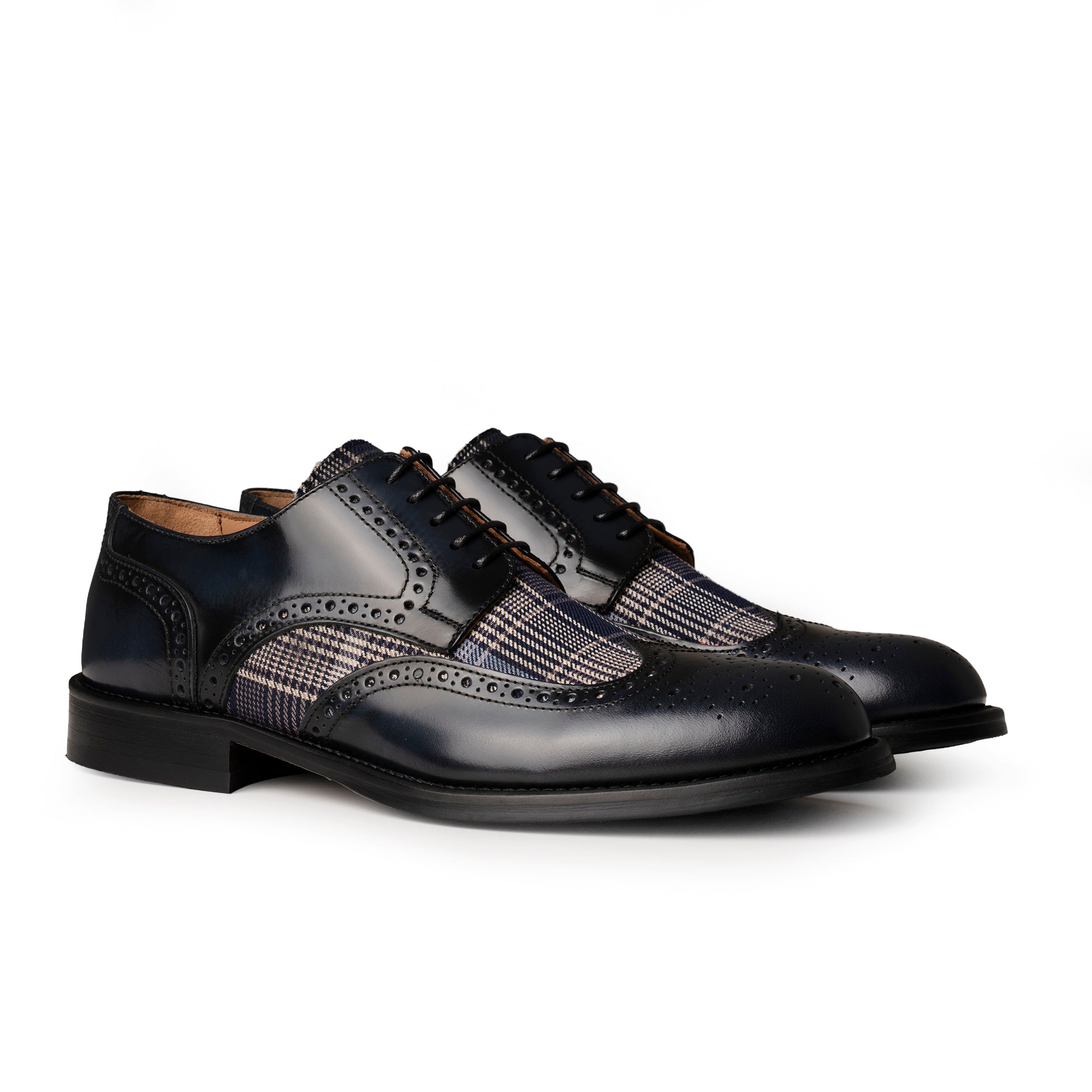 Francesina brogue in pelle spazzolata blu con tessuto