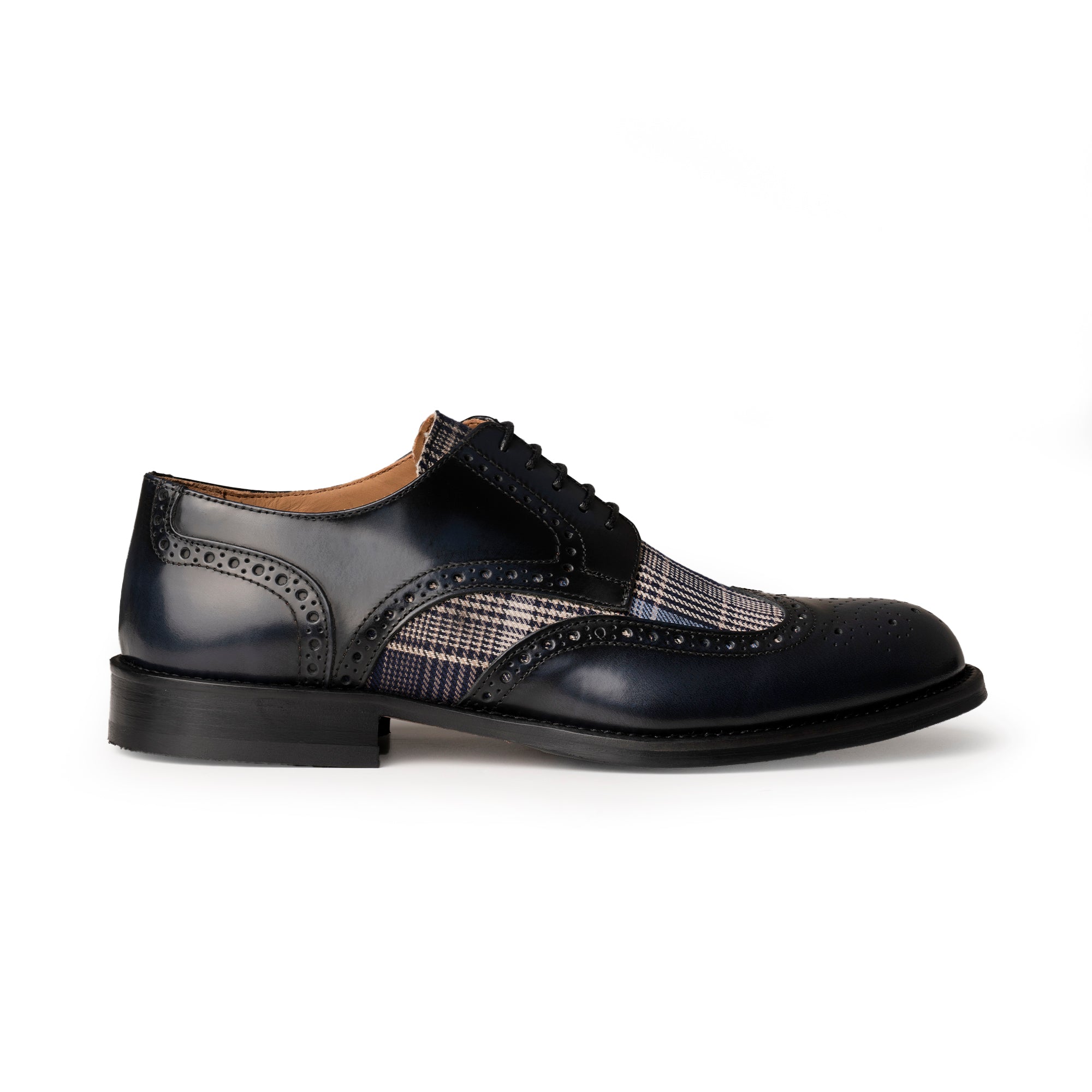 Francesina brogue in pelle spazzolata blu con tessuto