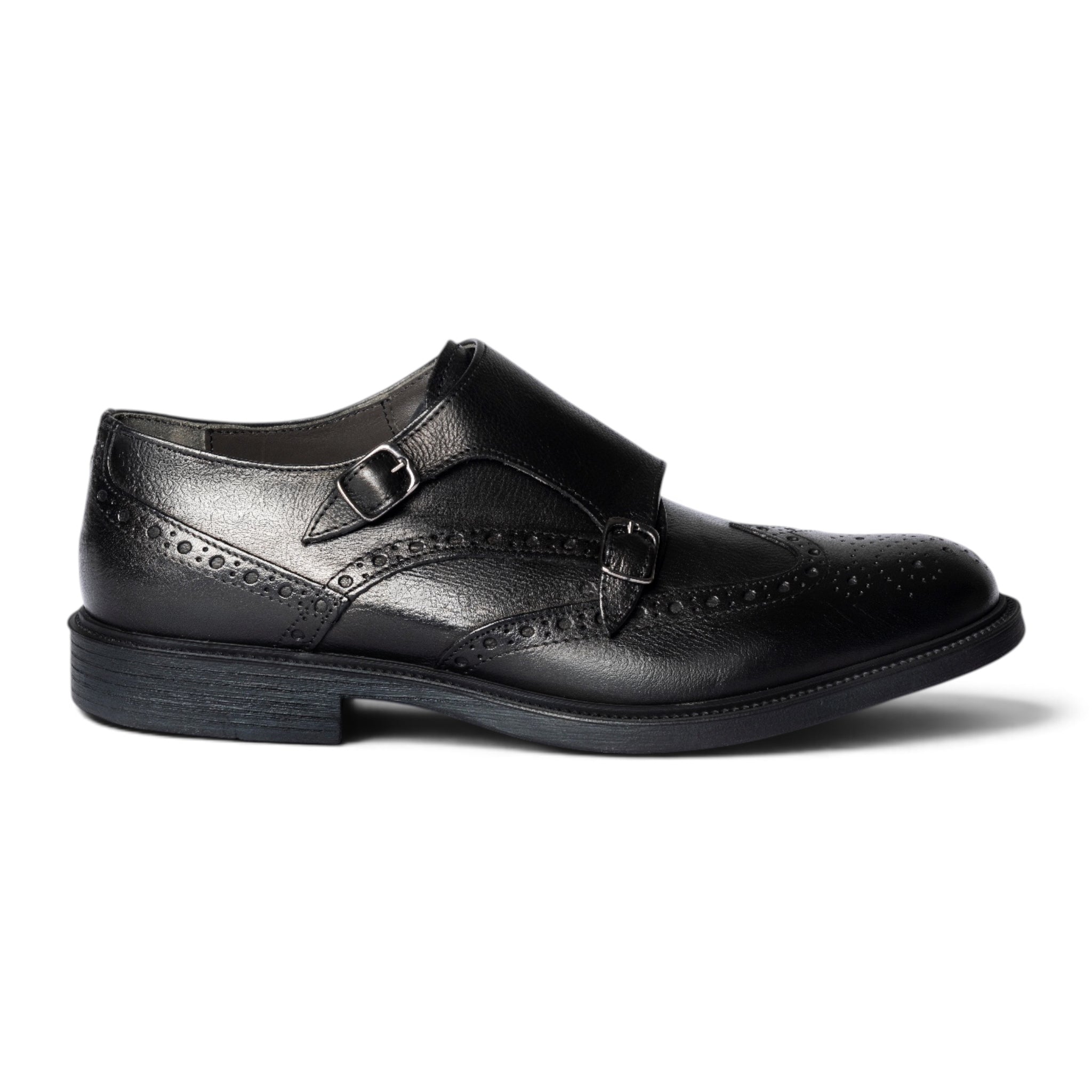 Monk strap doppia fibbia brogue in pelle nera