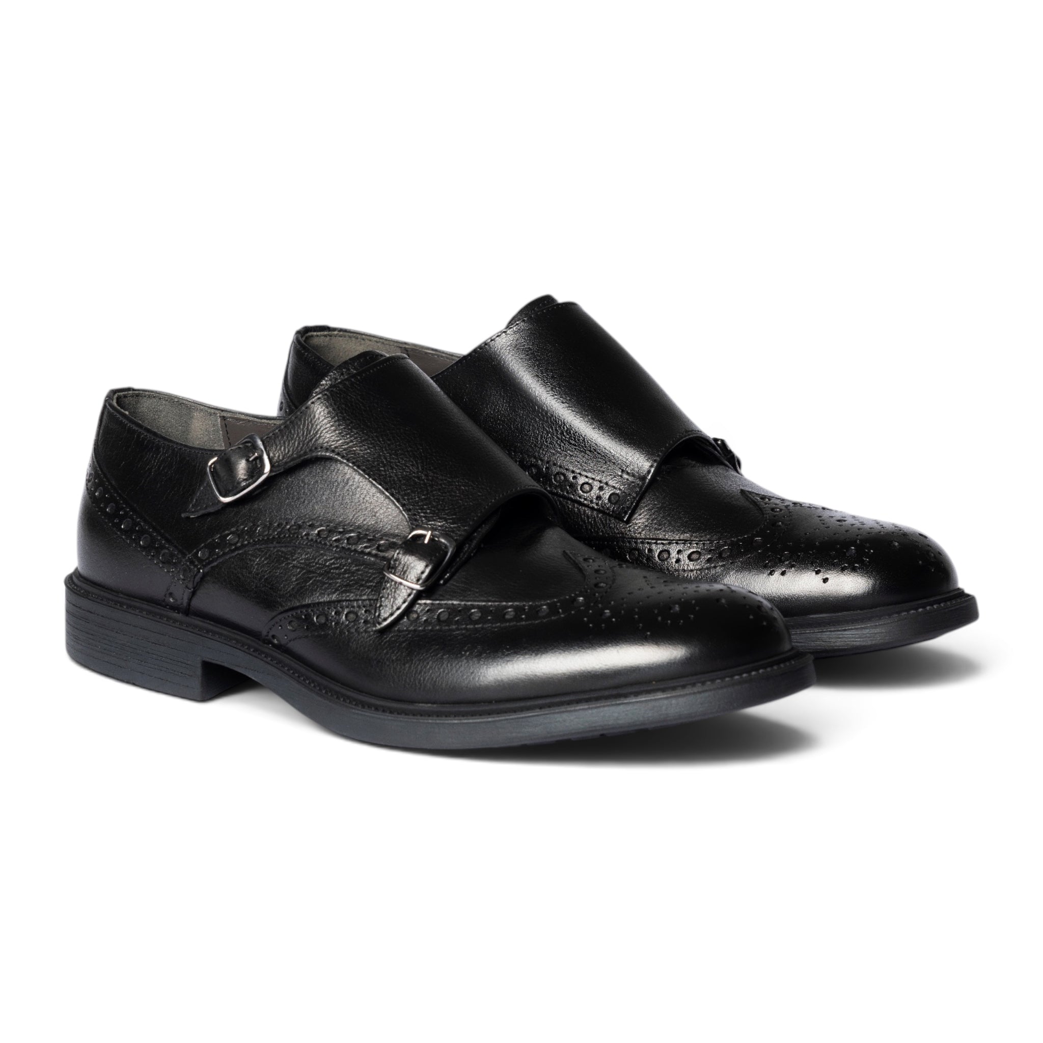Monk strap doppia fibbia brogue in pelle nera