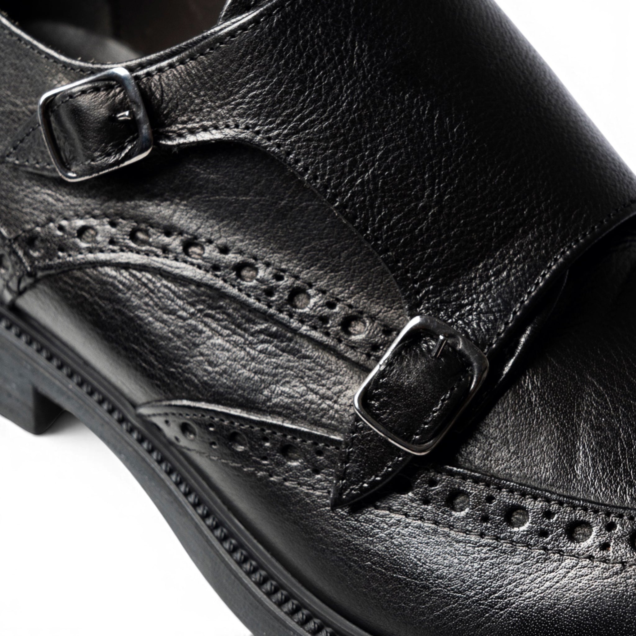 Monk strap doppia fibbia brogue in pelle nera