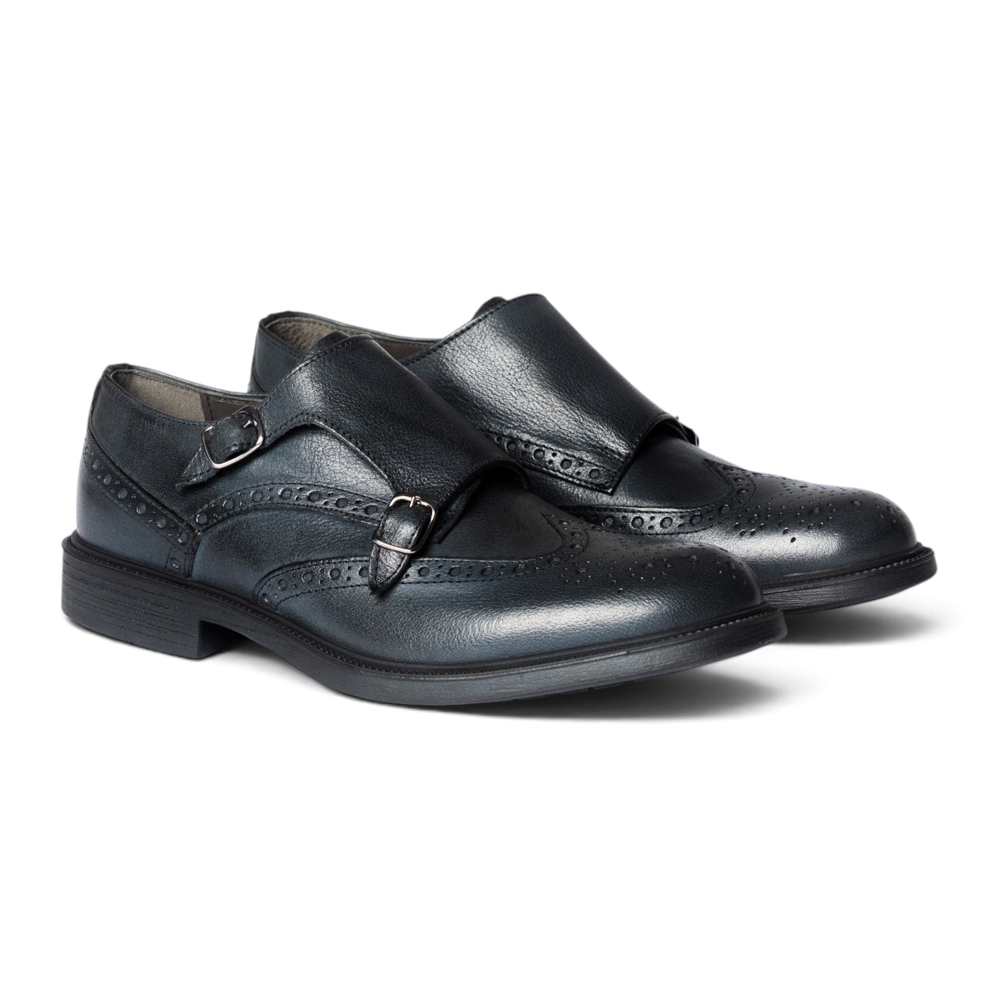 Monk strap doppia fibbia brogue in pelle blu