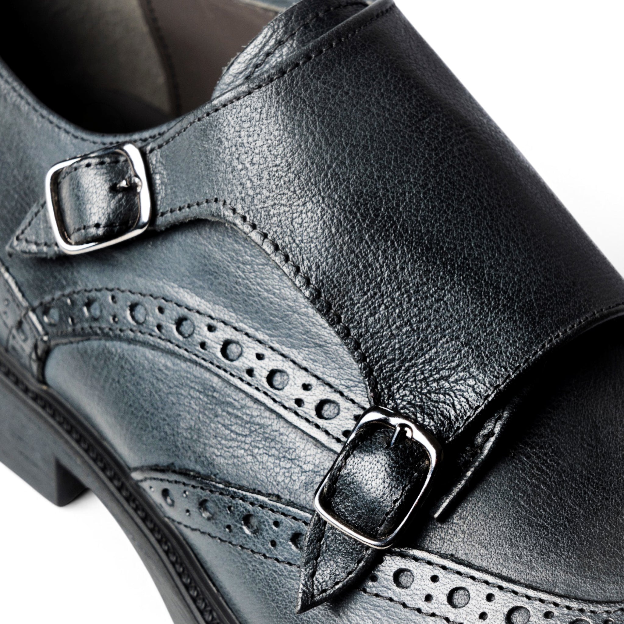 Monk strap doppia fibbia brogue in pelle blu