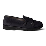 Mocassino double monk in camoscio blu con suola carrarmato