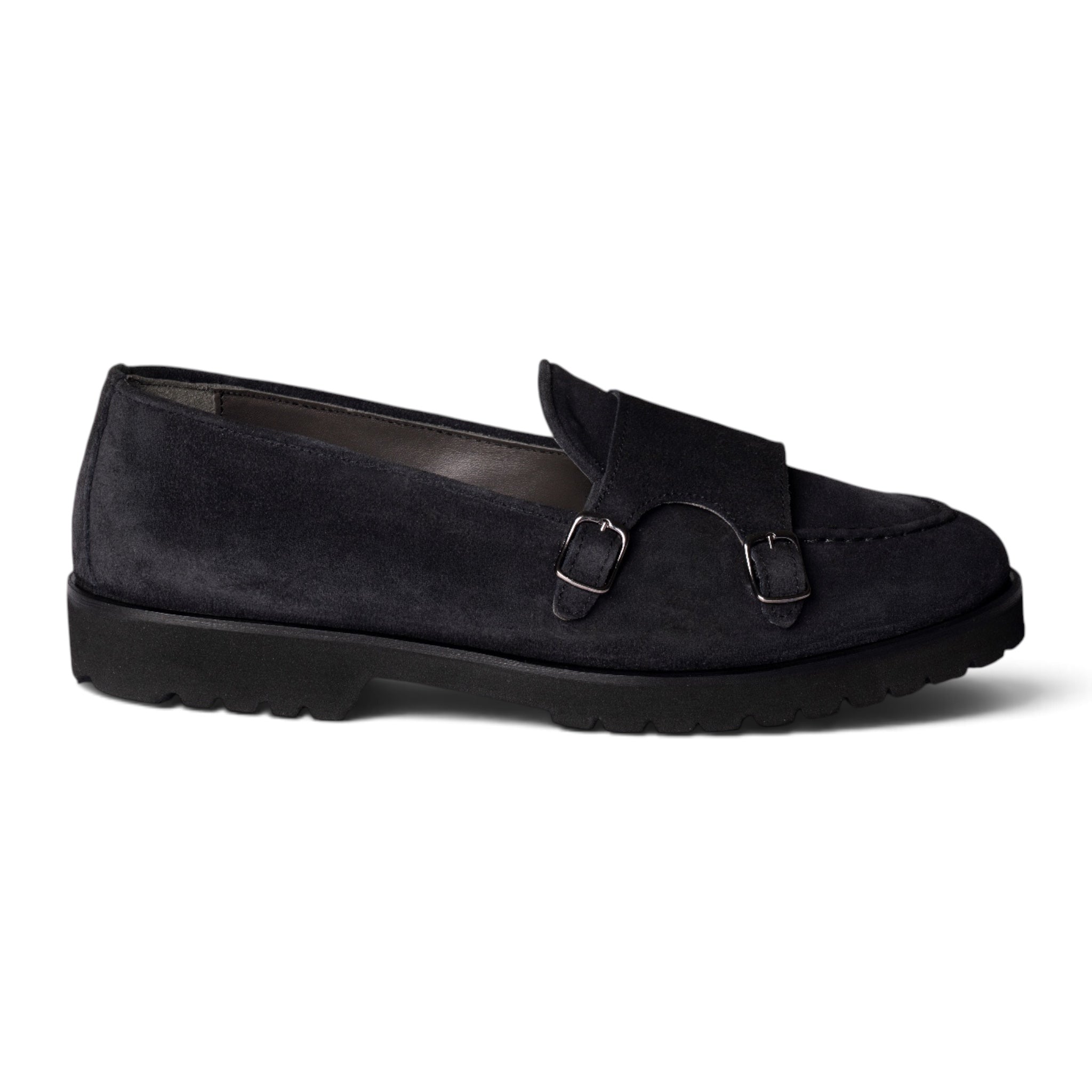 Mocassino double monk in camoscio blu con suola carrarmato