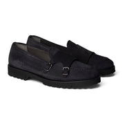 Mocassino double monk in camoscio blu con suola carrarmato