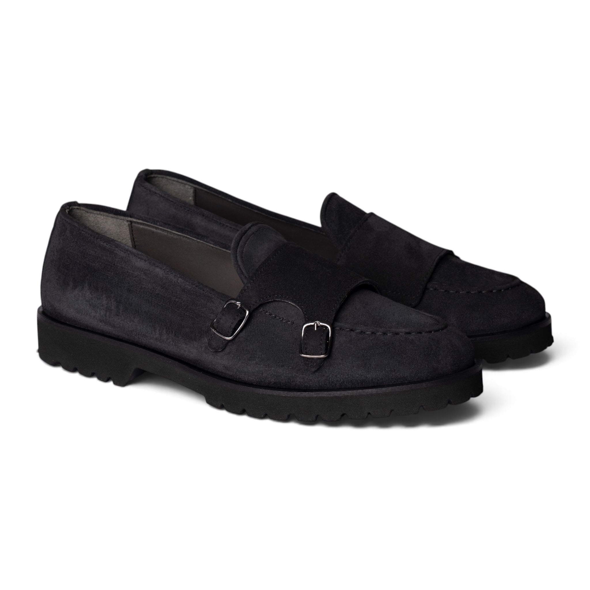 Mocassino double monk in camoscio blu con suola carrarmato