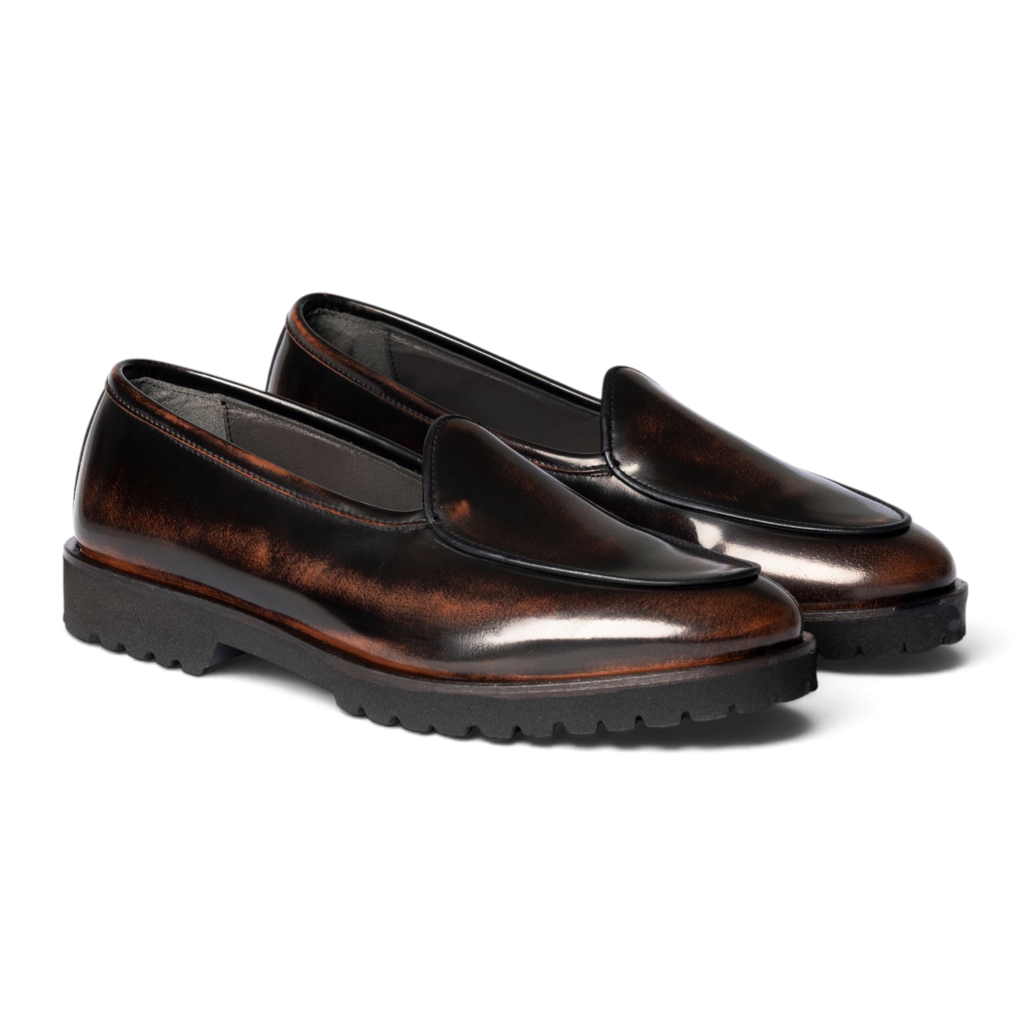 Mocassino slipper in pelle nera sfumata marrone