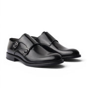 Double monk in pelle spazzolata nera