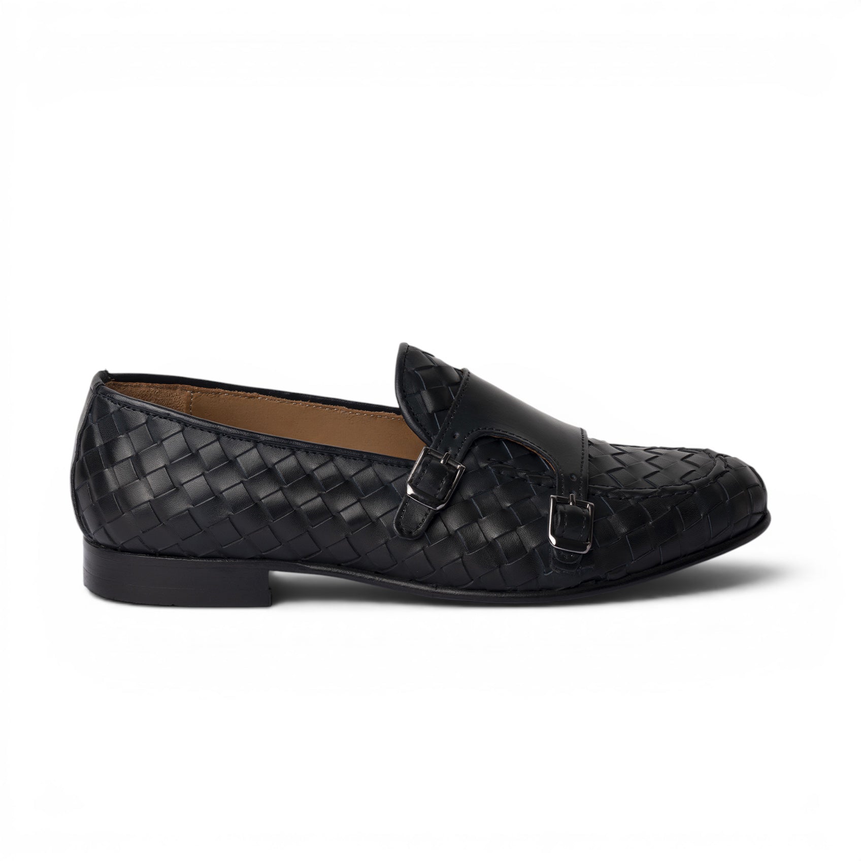 Monk strap doppia fibbia in pelle intrecciata blu navy