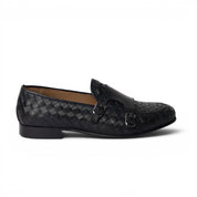 Monk strap doppia fibbia in pelle intrecciata blu navy