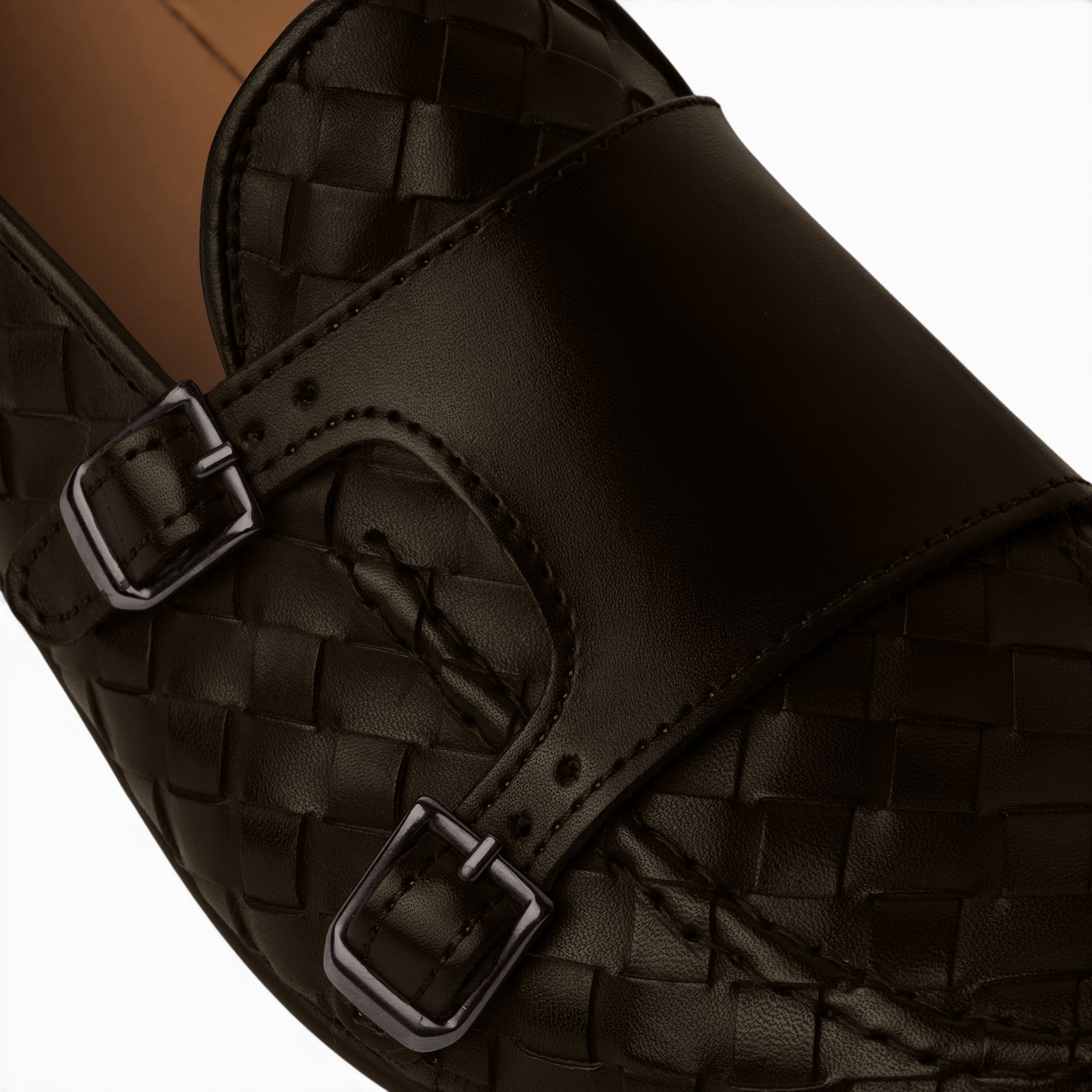Monk strap doppia fibbia in pelle intrecciata testa di moro