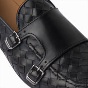 Monk strap doppia fibbia in pelle intrecciata blu navy