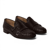 Monk strap doppia fibbia in pelle intrecciata testa di moro