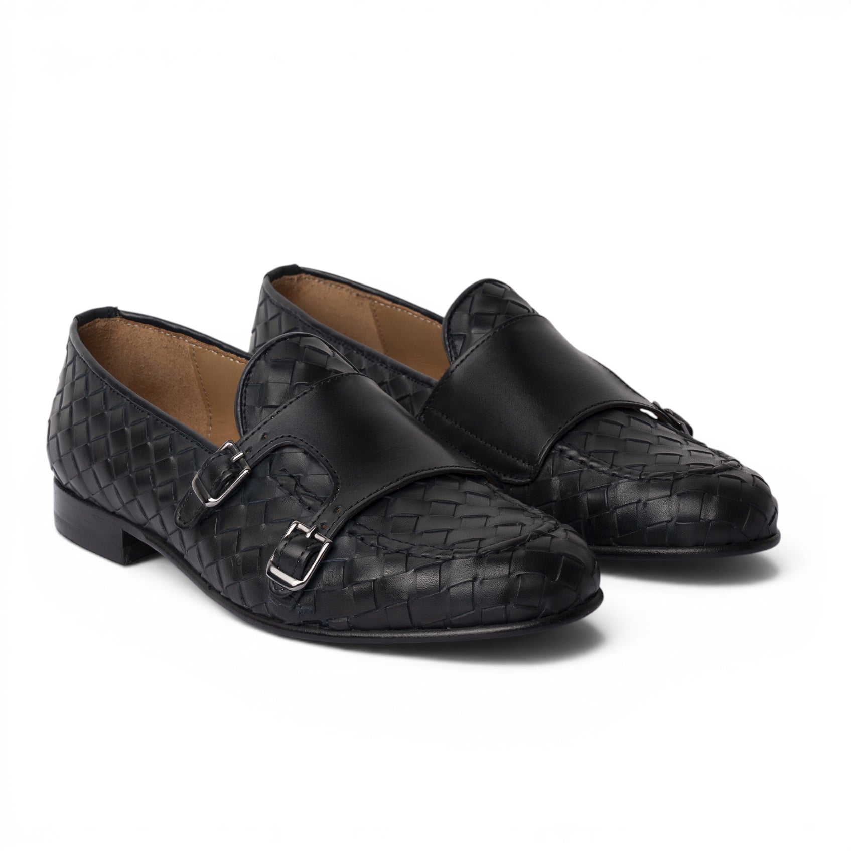 Monk strap doppia fibbia in pelle intrecciata blu navy