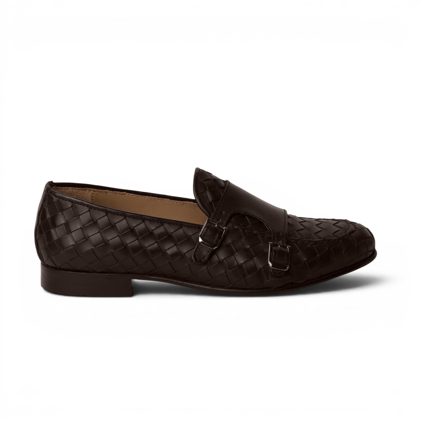 Monk strap doppia fibbia in pelle intrecciata testa di moro